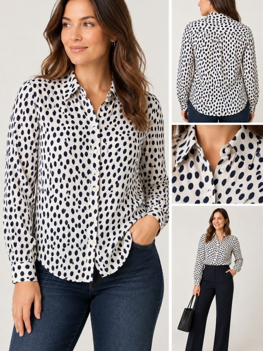 J. Crew Ivory Blouse with Navy Spot Print